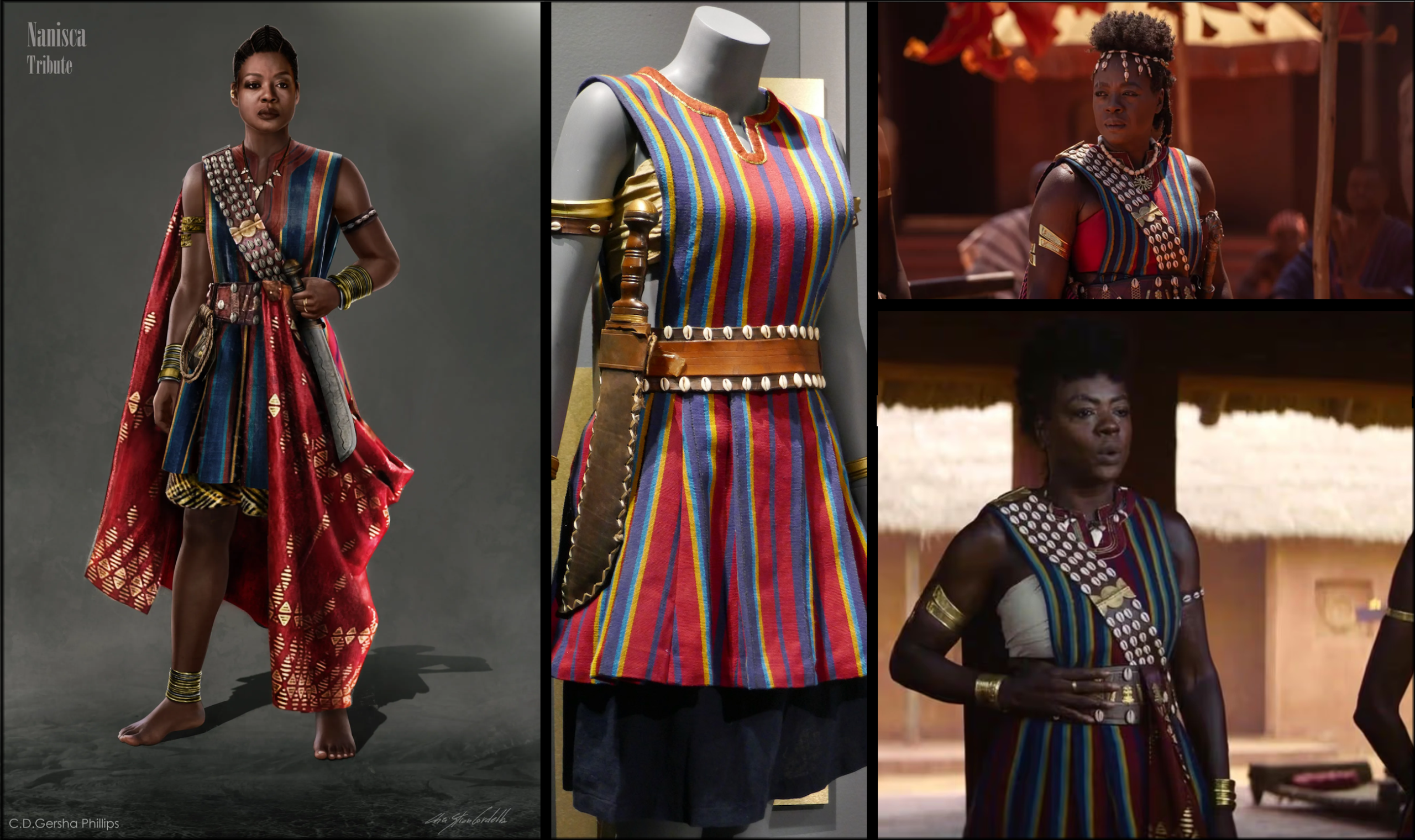 The Woman King costume still showing ceremonial and warrior costume contrast