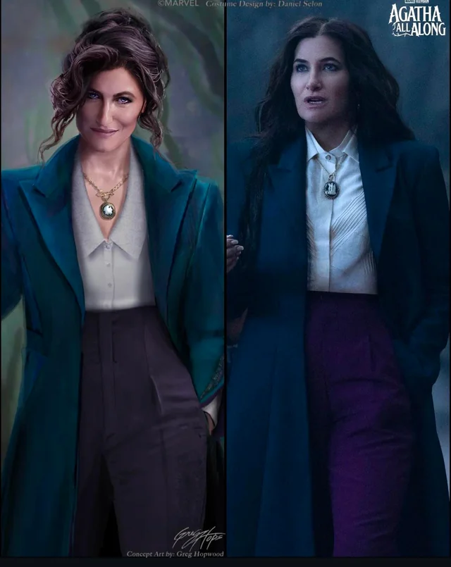 Agatha's coat sketch beside a still of the actress in the finished coat