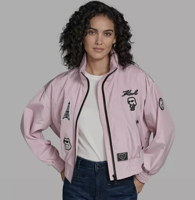 KARL LAGERFELD PARIS Women's Cropped Stand Collar Bomber Jacket