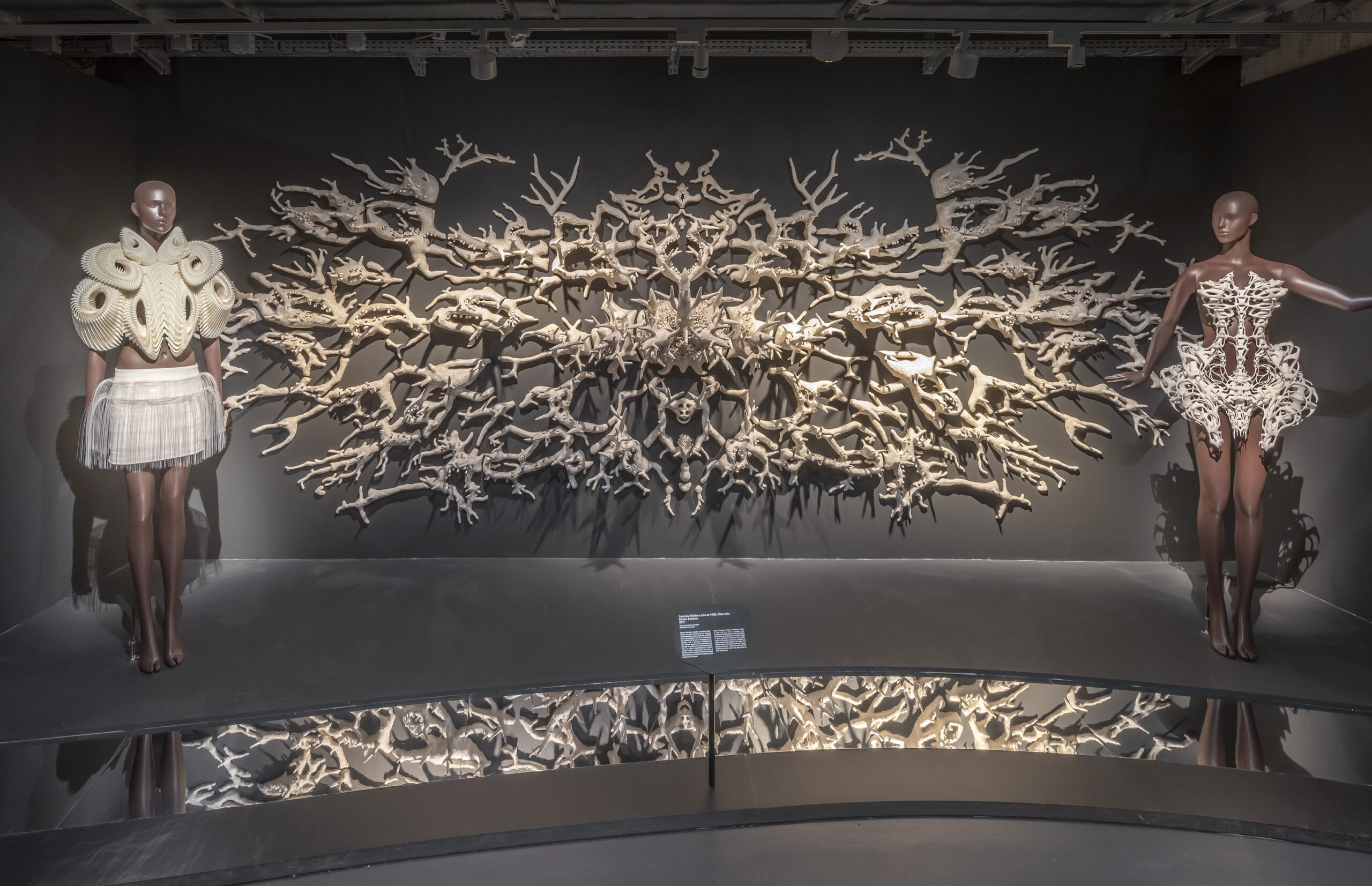 A wide exhibition view with Iris van Herpen garments displayed on mannequins and suspended forms, including translucent blue, yellow, and rose-toned garments in a dark gallery.