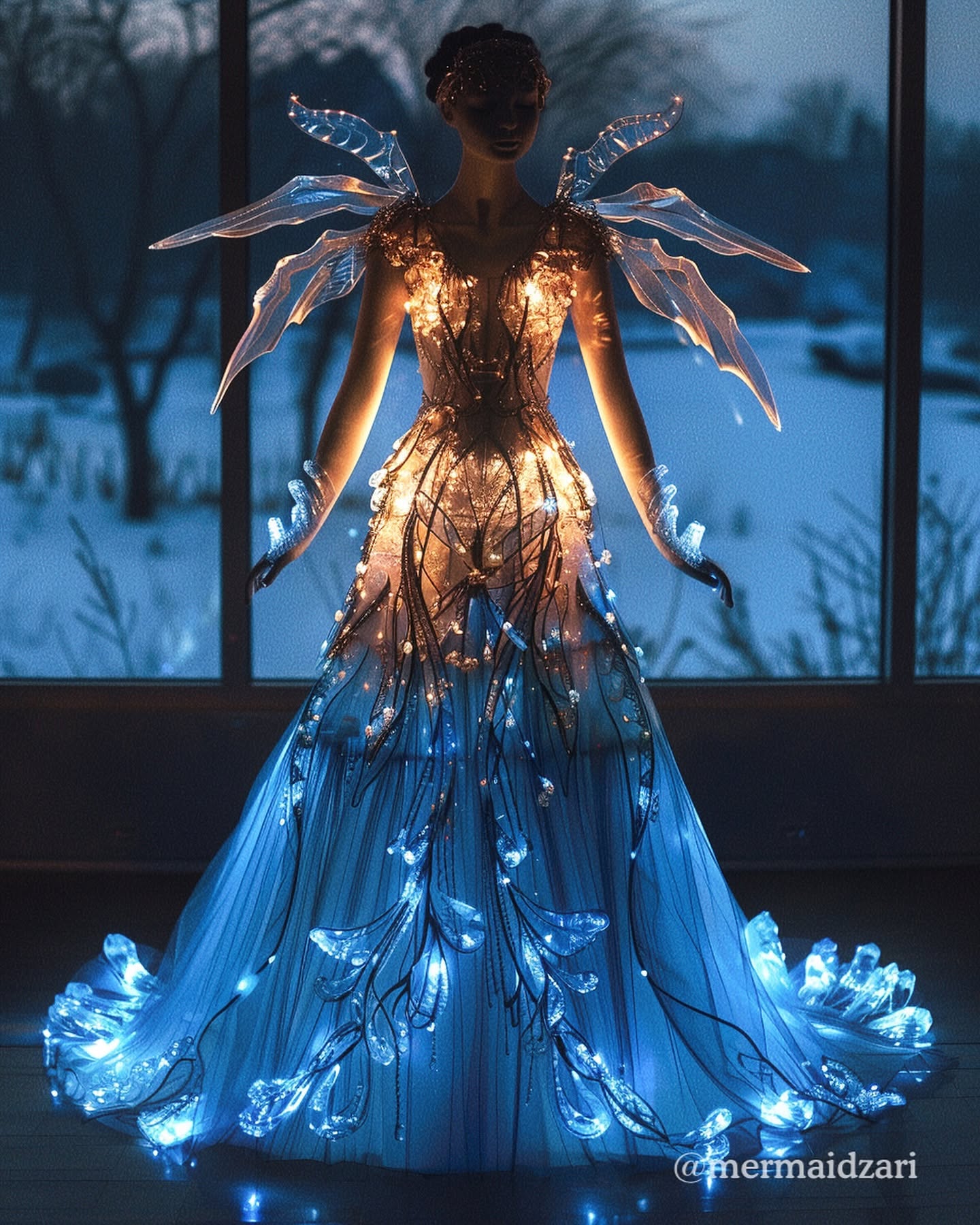 Mermaid-inspired fantasy cosplay with sculptural textile surfaces and elaborate embellishment